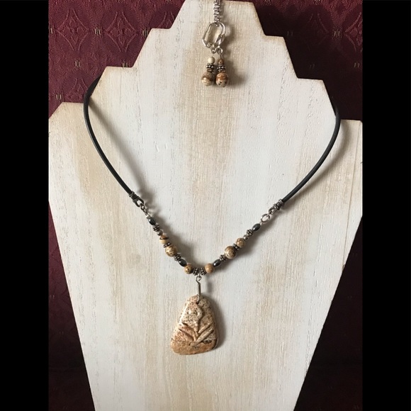 Natural Carved Stone Necklace/Earring Set w/925 SS - Picture 1 of 6